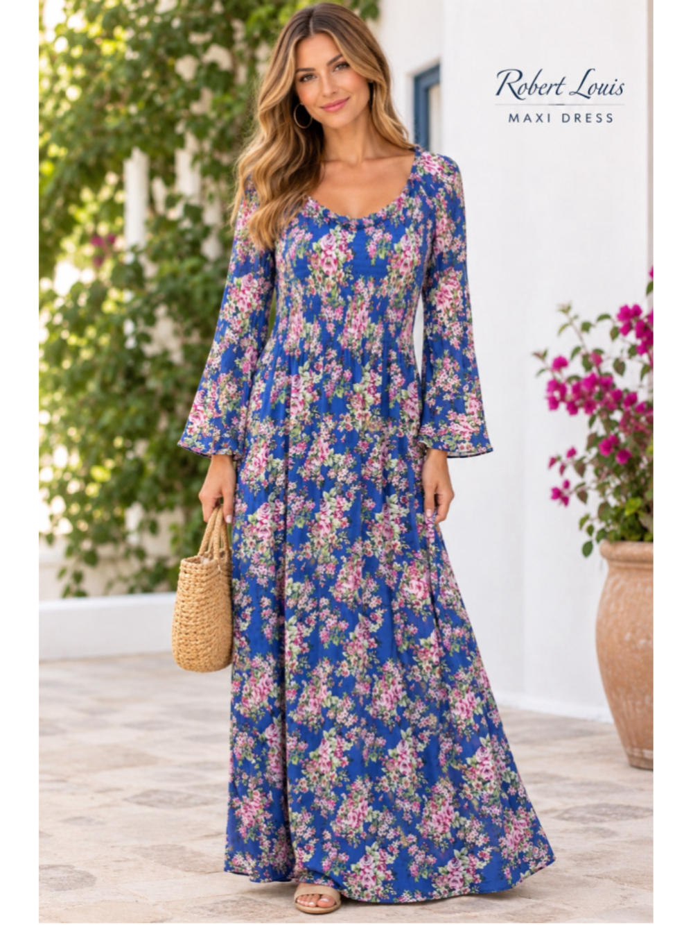 Women's Robert Louis Floral Maxi Dress Blue Pink Size Large.